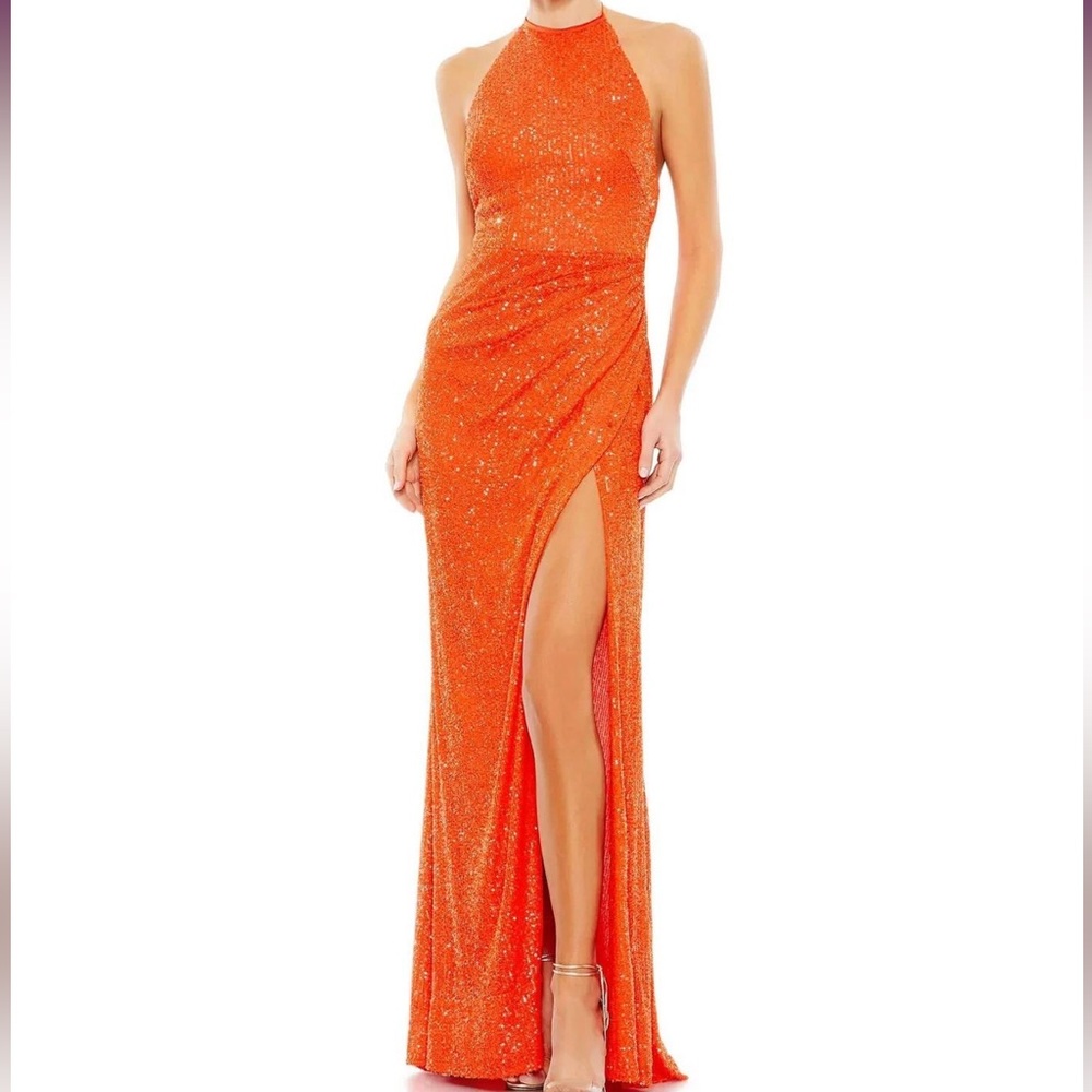 Ieena for Mac Duggal 26622 Tie Halter Sequin Long Dress Gown Prom Dress